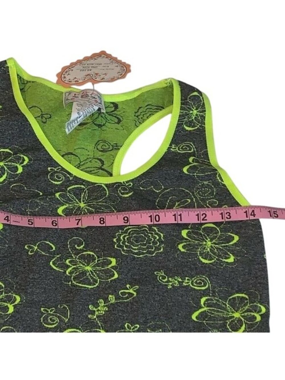Racerback Floral Tank Top Neon Green & Gray Polyester/Spandex One Size FCF Style - Picture 5 of 5
